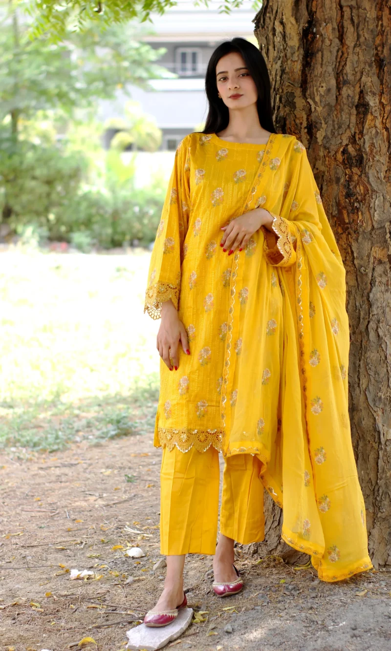 Mustard Color Embroidered 3P Ready to Wear